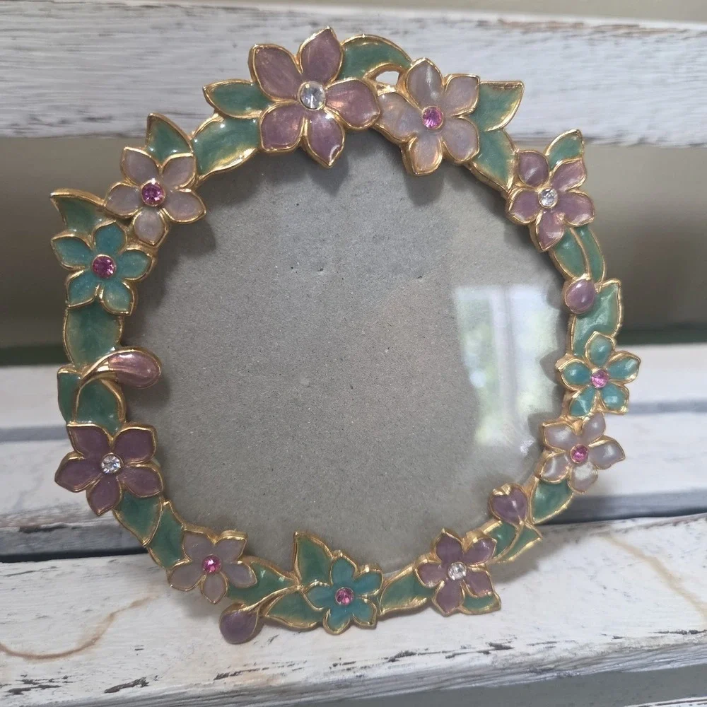 Vtg Carr Metal Purple Green Pink Enamel Jewels Floral Round Picture Frame